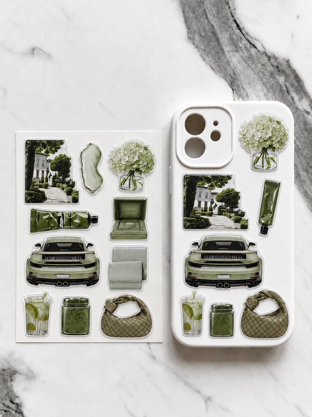 Puffy stickers on a phone case and laptop