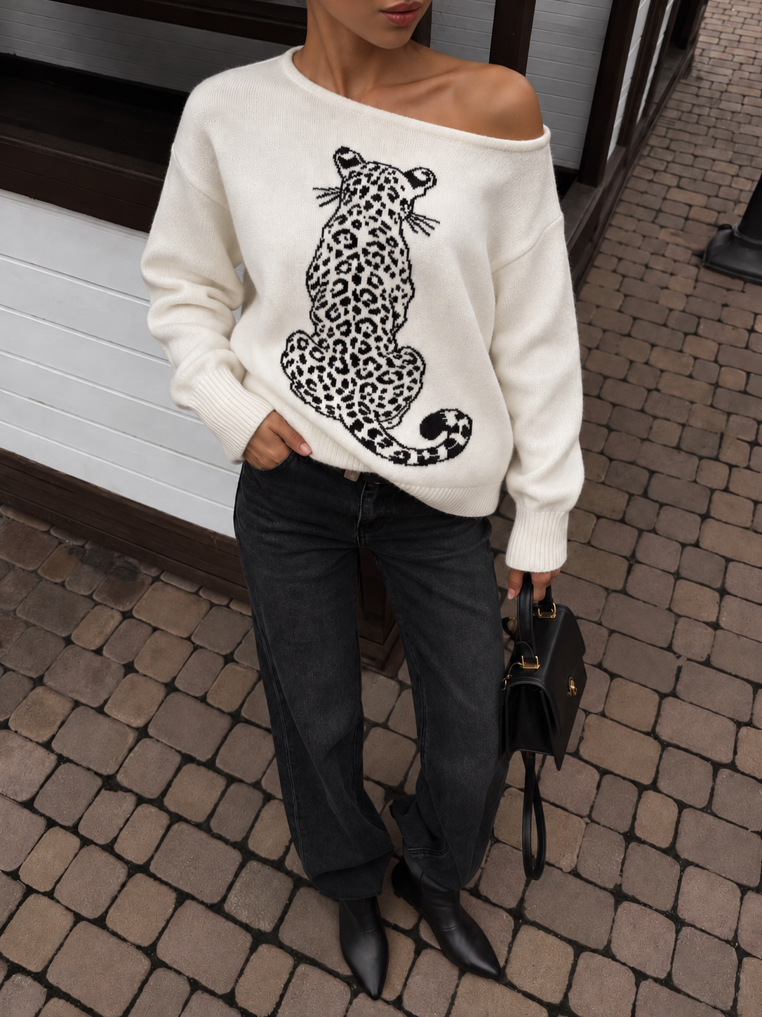 Ivory Leopard Sweater — ivory knit with a leopard jacquard pattern