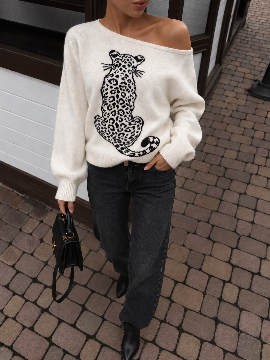 Ivory Leopard Sweater — leopard pattern knitted into soft ivory jacquard