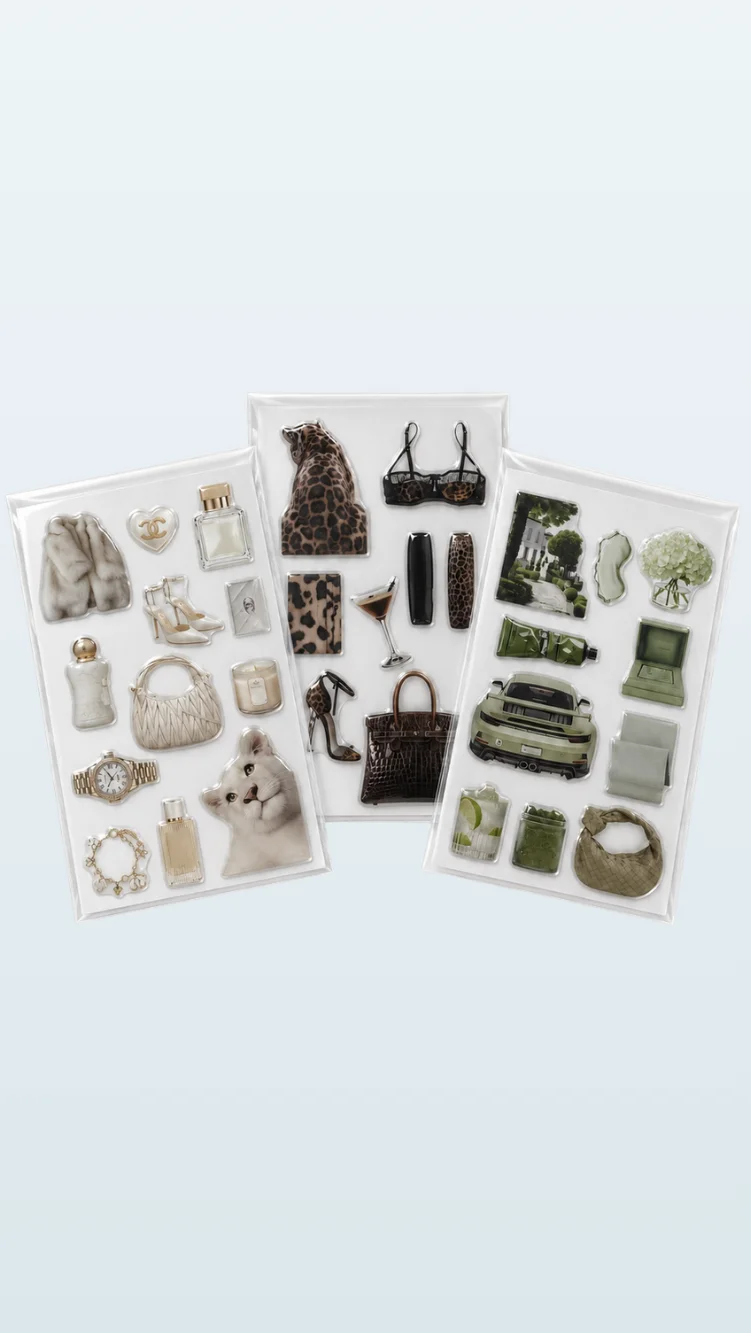 Glossy 3D puffy sticker sheets with fashion motifs
