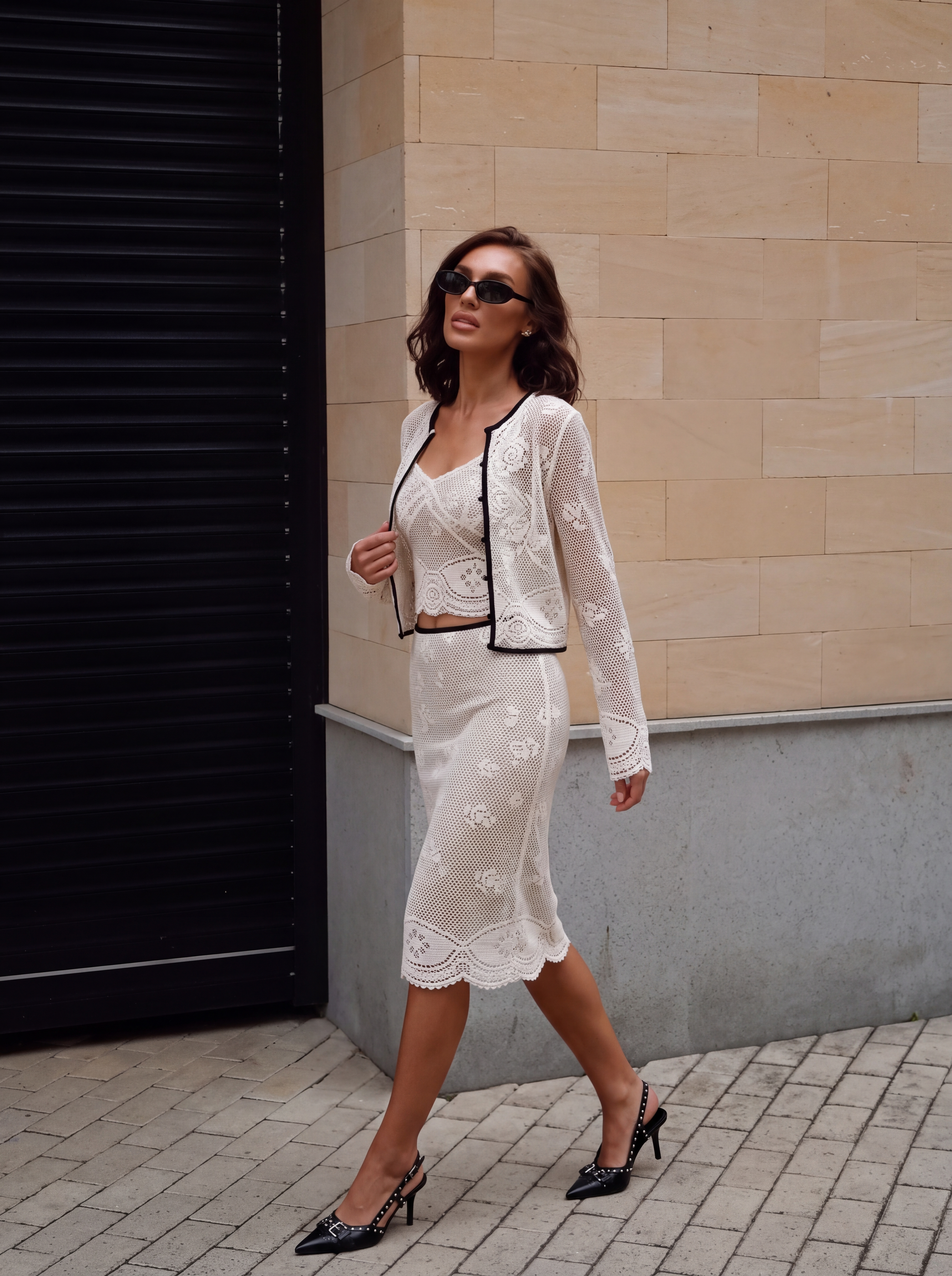 Belle Lace Set — cropped lace cardigan with black piping worn over a cami