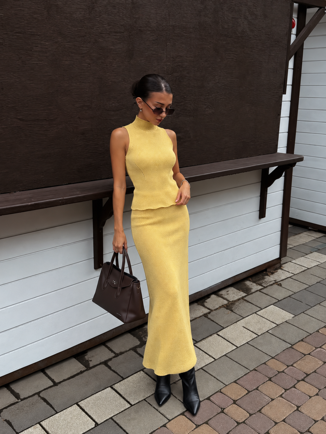 Limoncello Set — lemon-yellow cotton knit top and midi skirt
