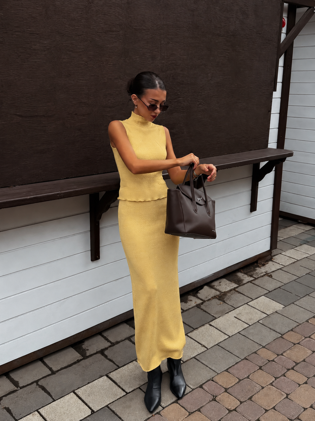 Limoncello Set — fitted rib-knit midi skirt with a softly flared hem
