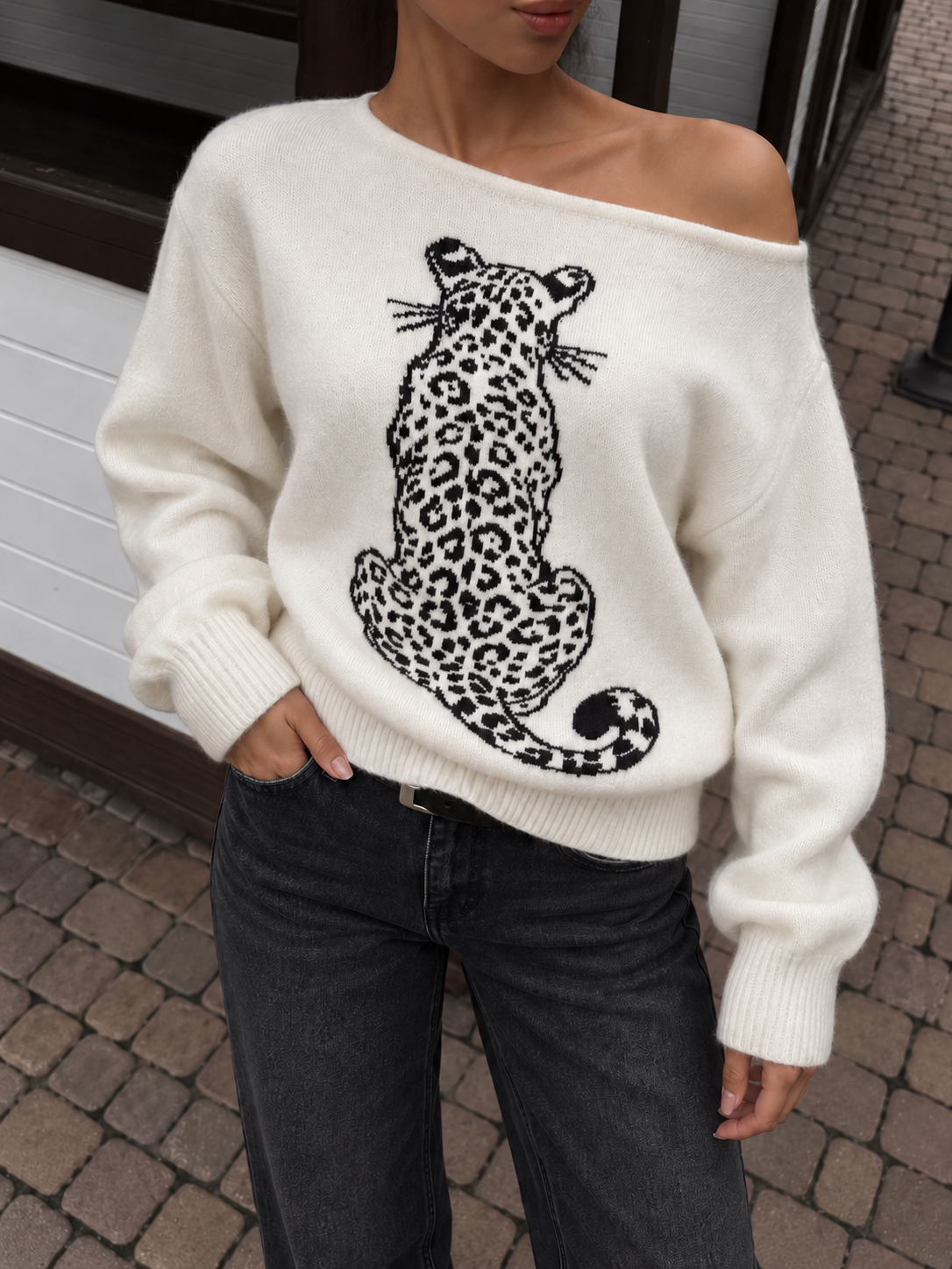 Ivory Leopard Sweater — slim-fit knit with a slanted neckline