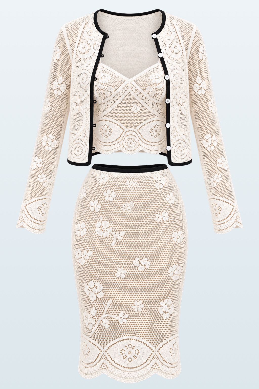 Belle Lace Set — matching lace pencil skirt and cropped cardigan