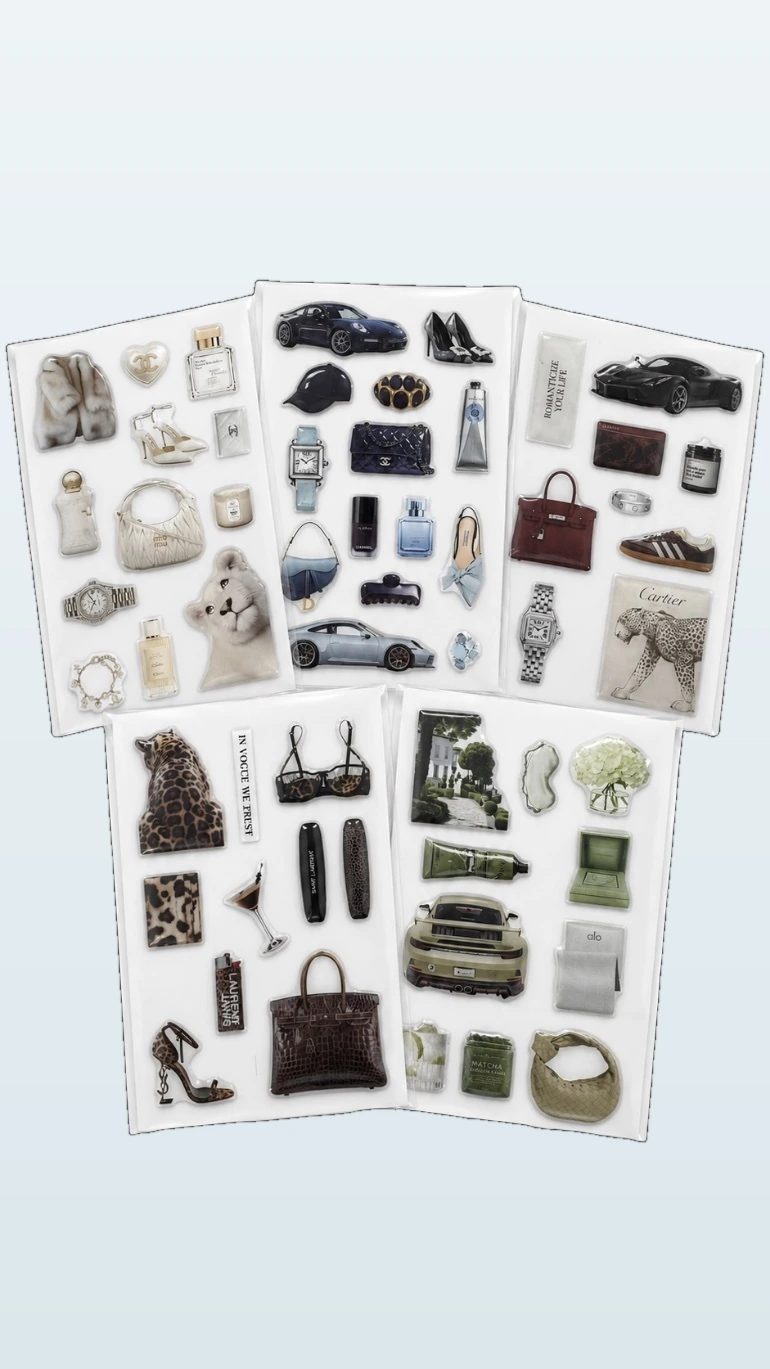 Glossy 3D puffy sticker sheets with fashion motifs